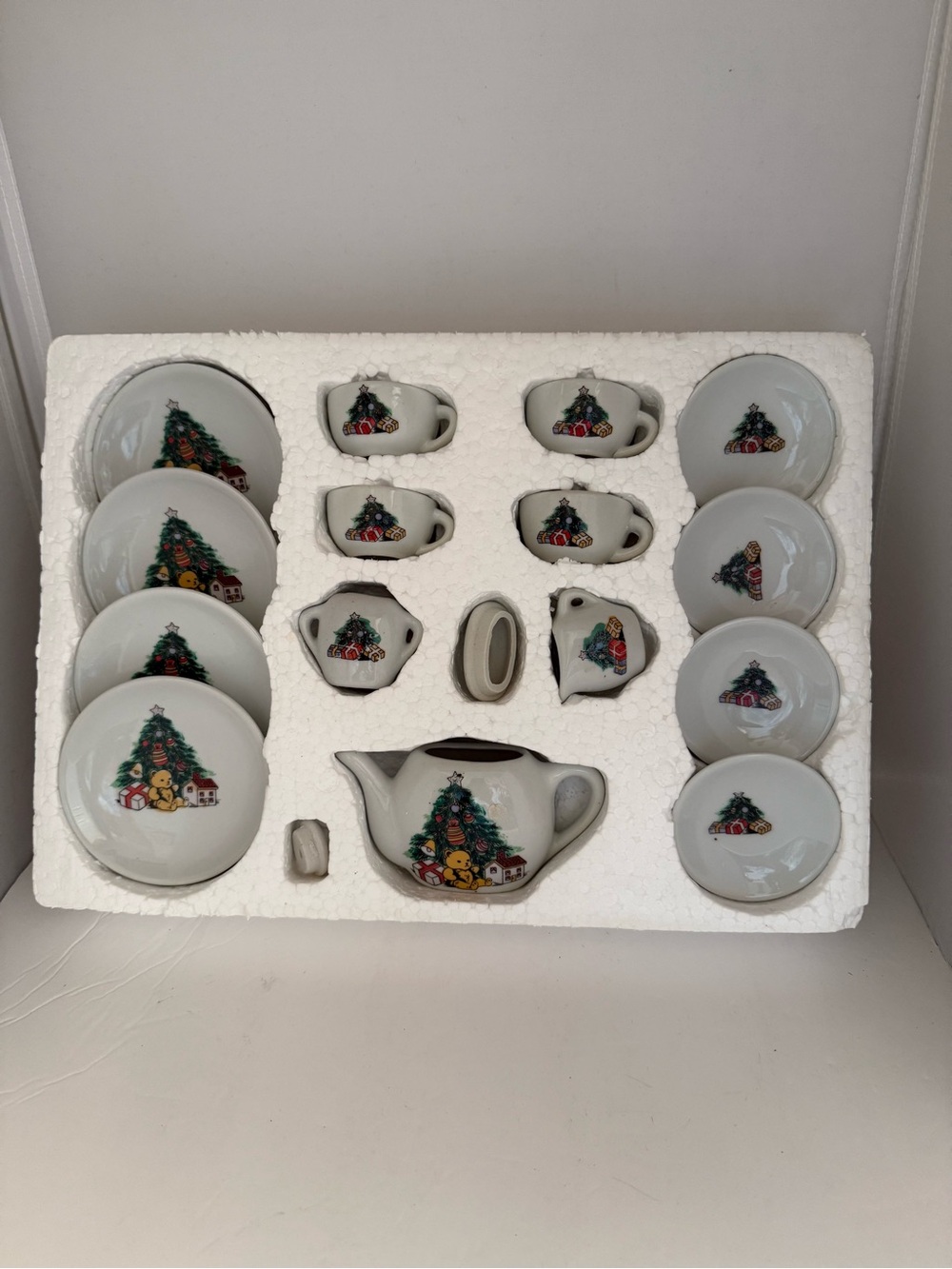 Vintage Kids Porcelain Tea Set with Festive Christmas Tree Design - White #9